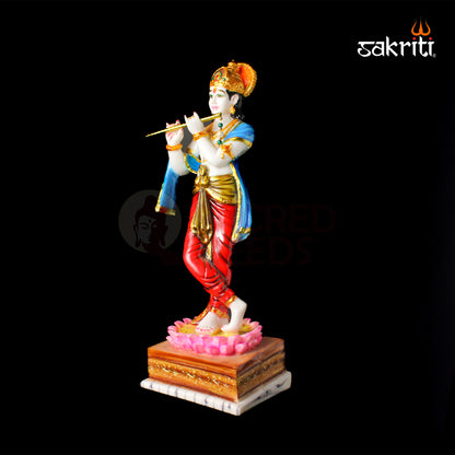 Marble Dust Lotus Krishna Stand – 19 Inch Height | Beautiful Krishna Idol for Temple, Pooja Room & Spiritual Home Decor