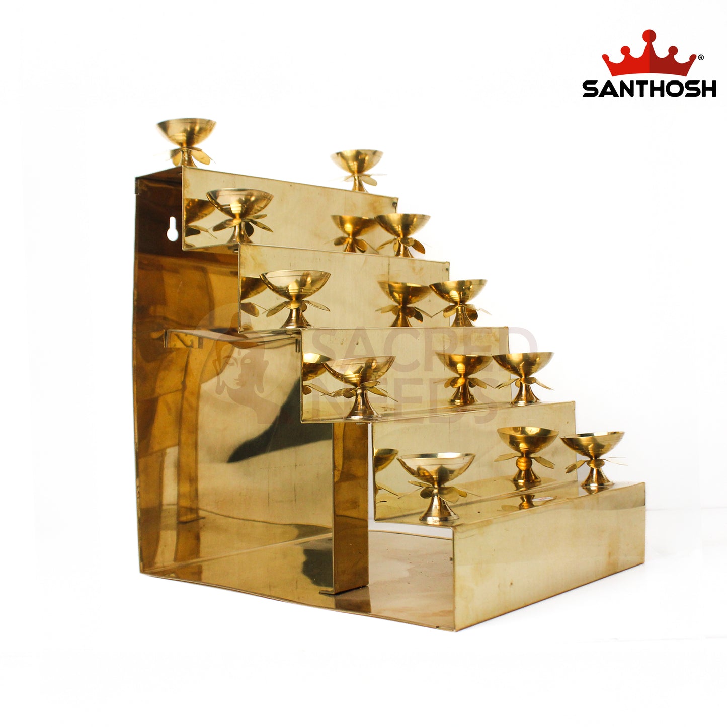 Brass Step Pyali 10 Deepam – 12.5 Inch Height | Multi-Tier Oil Lamp for Temple & Pooja Room Decor
