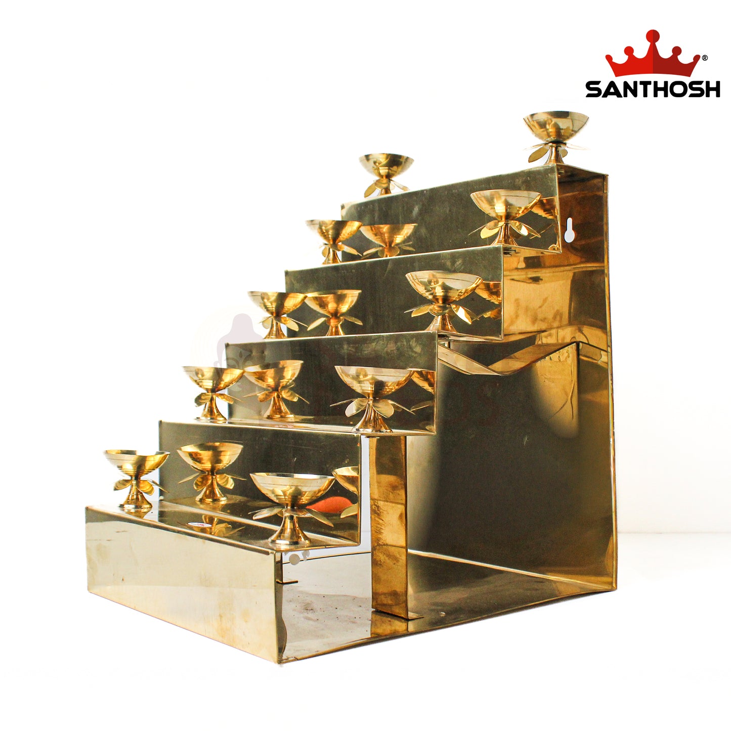 Brass Step Pyali 10 Deepam – 12.5 Inch Height | Multi-Tier Oil Lamp for Temple & Pooja Room Decor