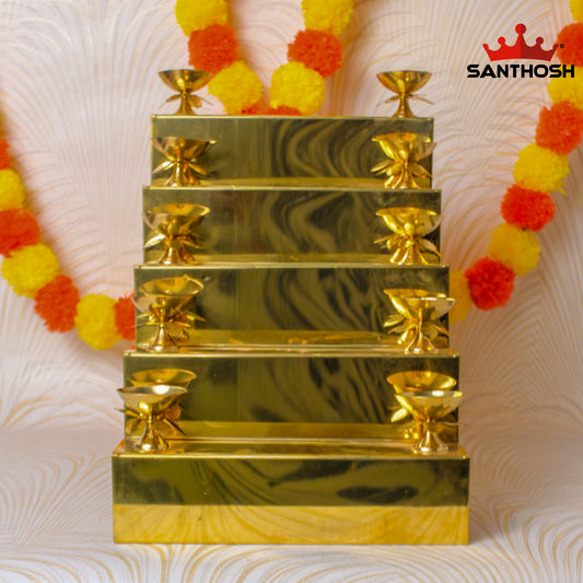 Brass Step Pyali 10 Deepam – 12.5 Inch Height | Multi-Tier Oil Lamp for Temple & Pooja Room Decor