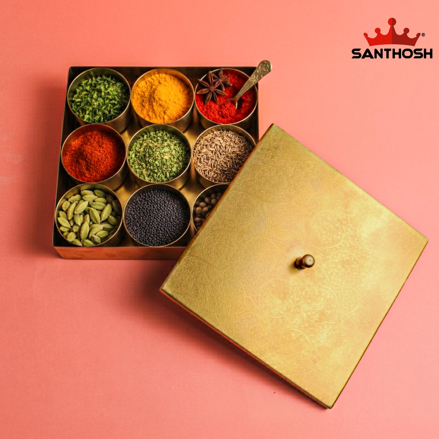 Brass Square Spice Box – 1.6 Inch Height | Vintage Brass Masala Dabba for Kitchen & Festive Use