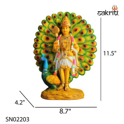 Sacred Needs Marble Dust Murugan with Peacock – 11.5 Inch Height | Divine Lord Kartikeya Statue for Pooja Room, Temple & Home Décor