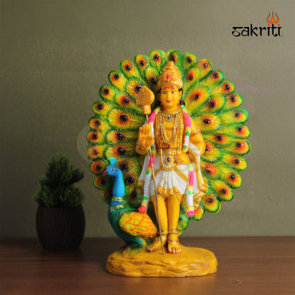 Sacred Needs Marble Dust Murugan with Peacock – 11.5 Inch Height | Divine Lord Kartikeya Statue for Pooja Room, Temple & Home Décor