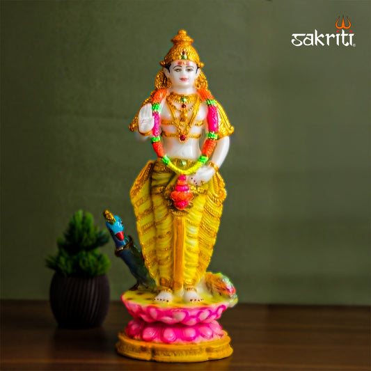 Sacred Needs Marble Dust Lotus Murugan Idol – 13.3 Inch (33.8 cm) Height | Lord Murugan on Lotus for Temple, Pooja Room & Home Décor