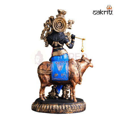 Marble Dust Cow Krishna – 10.2 Inch Krishna with Cow Statue for Pooja Room & Home Decor