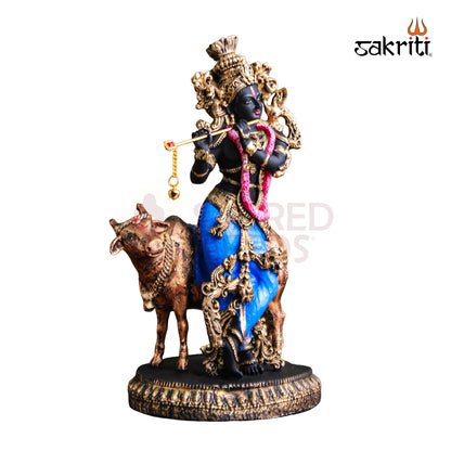 Marble Dust Cow Krishna – 10.2 Inch Krishna with Cow Statue for Pooja Room & Home Decor