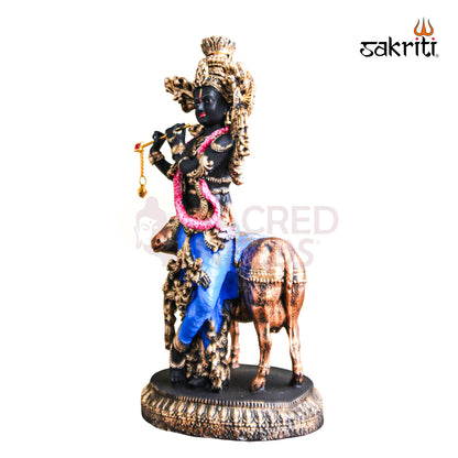 Marble Dust Cow Krishna – 10.2 Inch Krishna with Cow Statue for Pooja Room & Home Decor