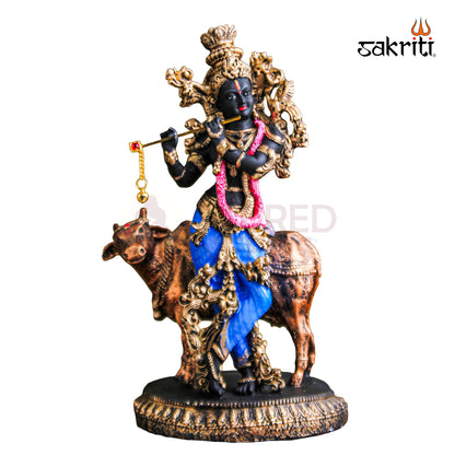 Marble Dust Cow Krishna – 10.2 Inch Krishna with Cow Statue for Pooja Room & Home Decor