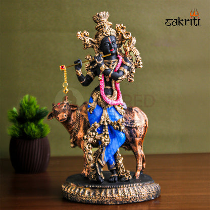 Marble Dust Cow Krishna – 10.2 Inch Krishna with Cow Statue for Pooja Room & Home Decor