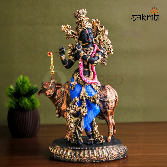 Marble Dust Cow Krishna – 10.2 Inch Krishna with Cow Statue for Pooja Room & Home Decor