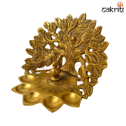 Sacred Needs Brass Tree with 5-Face Peacock Lamp – 4.6 Inch (11.7 cm) Height | Traditional Brass Diya for Pooja Room, Temple & Festive Décor