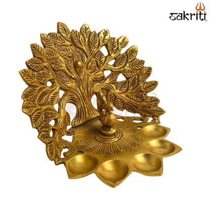 Sacred Needs Brass Tree with 5-Face Peacock Lamp – 4.6 Inch (11.7 cm) Height | Traditional Brass Diya for Pooja Room, Temple & Festive Décor
