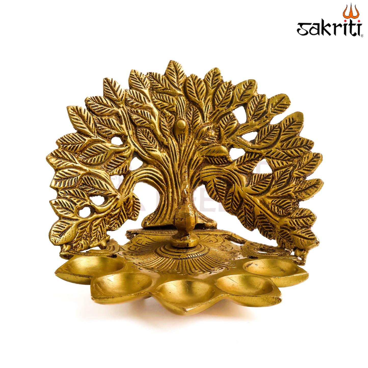 Sacred Needs Brass Tree with 5-Face Peacock Lamp – 4.6 Inch (11.7 cm) Height | Traditional Brass Diya for Pooja Room, Temple & Festive Décor