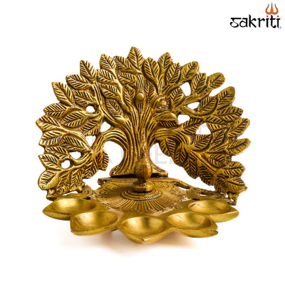 Sacred Needs Brass Tree with 5-Face Peacock Lamp – 4.6 Inch (11.7 cm) Height | Traditional Brass Diya for Pooja Room, Temple & Festive Décor