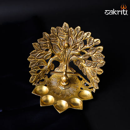 Sacred Needs Brass Tree with 5-Face Peacock Lamp – 4.6 Inch (11.7 cm) Height | Traditional Brass Diya for Pooja Room, Temple & Festive Décor