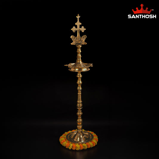 Sacred Needs Cross Kerala Vilakku Brass Lamp – 62 Inch (157.5 cm) Height | Traditional Nilavilakku / Kerala Deepam for Temple, Church & Festive Rituals