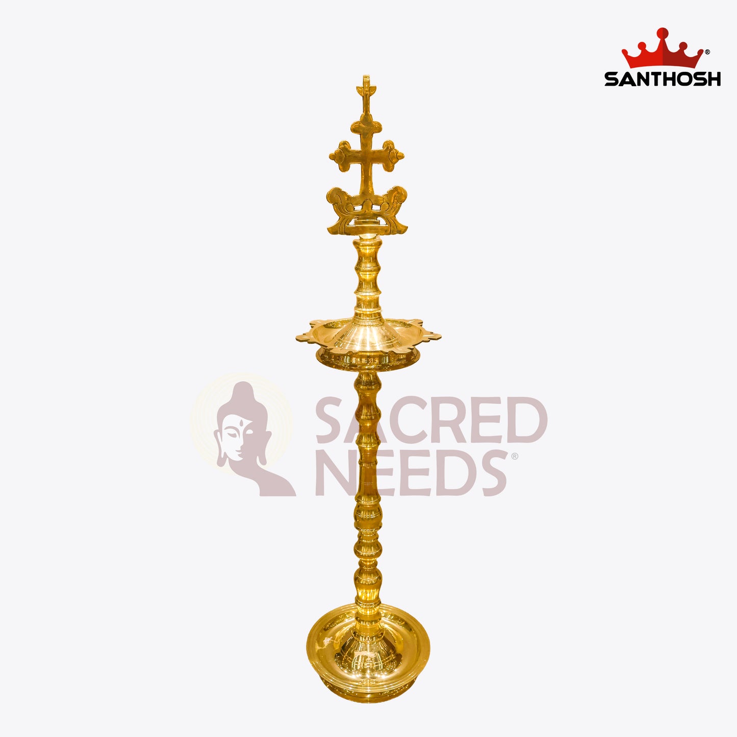 Sacred Needs Cross Kerala Vilakku Brass Lamp – 62 Inch (157.5 cm) Height | Traditional Nilavilakku / Kerala Deepam for Temple, Church & Festive Rituals