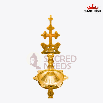 Sacred Needs Cross Kerala Vilakku Brass Lamp – 62 Inch (157.5 cm) Height | Traditional Nilavilakku / Kerala Deepam for Temple, Church & Festive Rituals