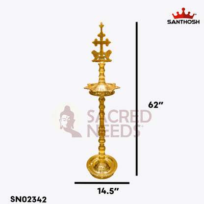 Sacred Needs Cross Kerala Vilakku Brass Lamp – 62 Inch (157.5 cm) Height | Traditional Nilavilakku / Kerala Deepam for Temple, Church & Festive Rituals