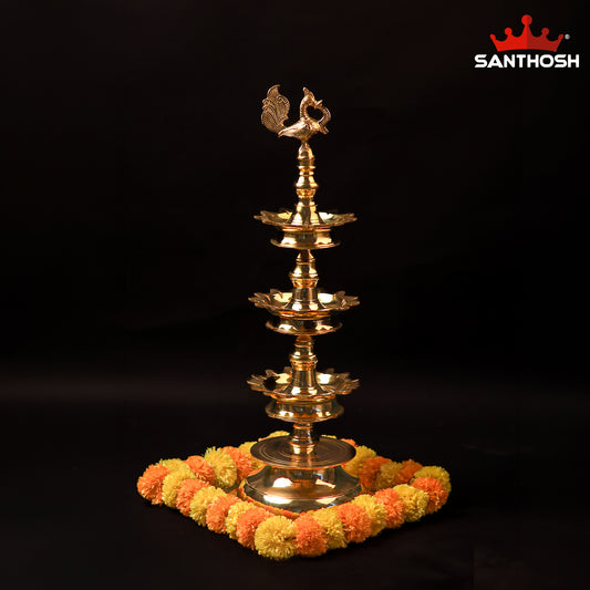 Sacred Needs Brass 3 Step Deepastambham – 28 Inch (71.1 cm) Height | Traditional Multi-Level Oil Lamp Stand for Temple, Pooja & Festivals