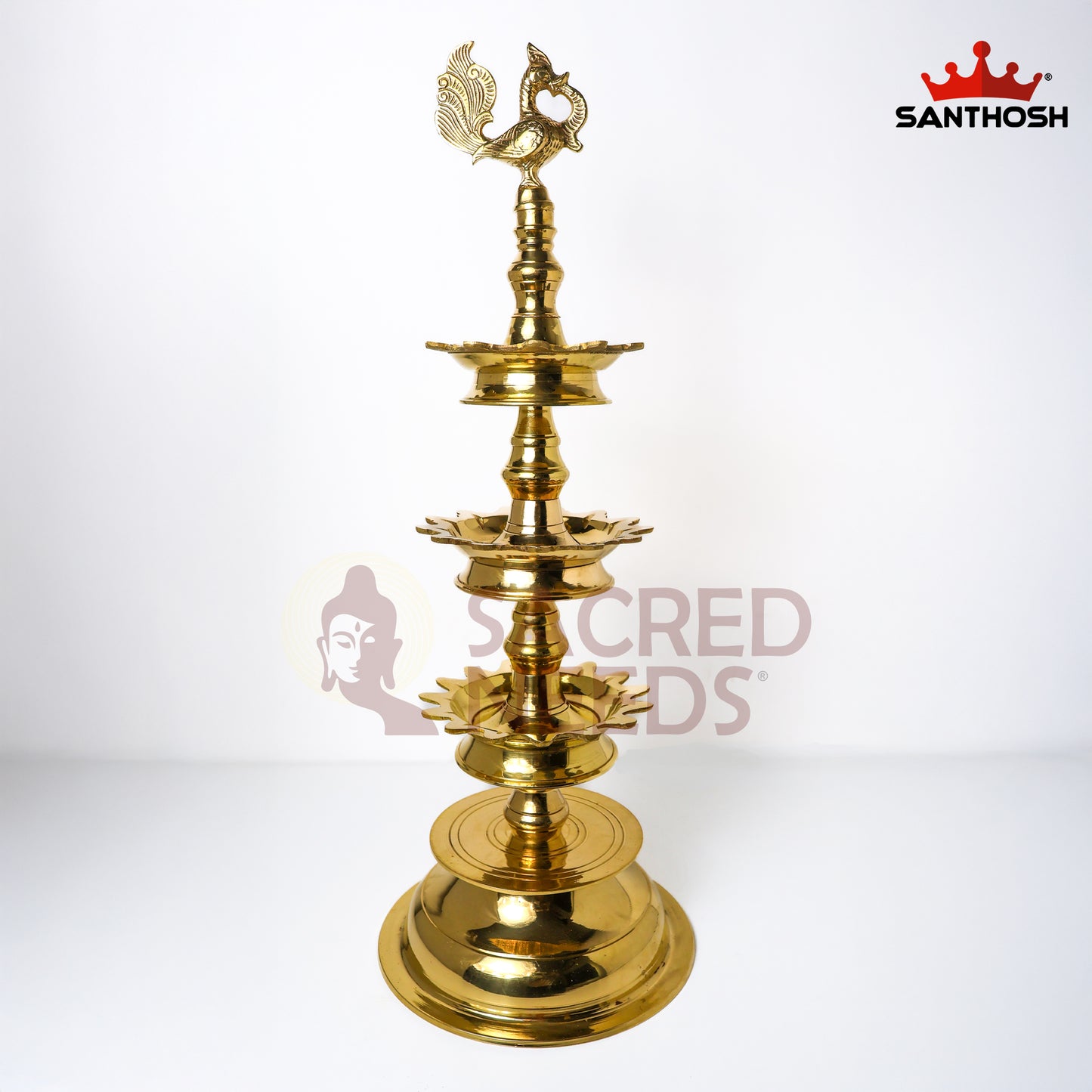 Sacred Needs Brass 3 Step Deepastambham – 28 Inch (71.1 cm) Height | Traditional Multi-Level Oil Lamp Stand for Temple, Pooja & Festivals