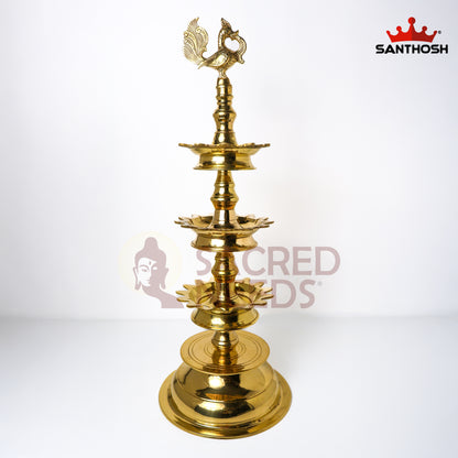 Sacred Needs Brass 3 Step Deepastambham – 28 Inch (71.1 cm) Height | Traditional Multi-Level Oil Lamp Stand for Temple, Pooja & Festivals