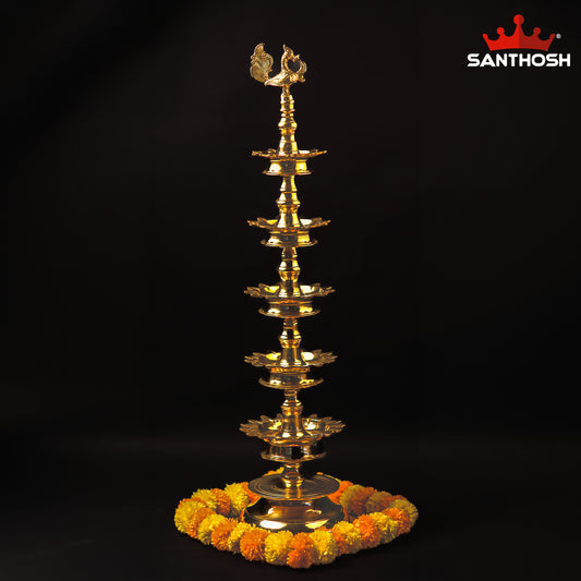 Sacred Needs 5 Step Brass Deepastambham – 38.2 Inch (97 cm) Height | Traditional Multi-Tier Oil Lamp Stand for Temple, Pooja & Festivals
