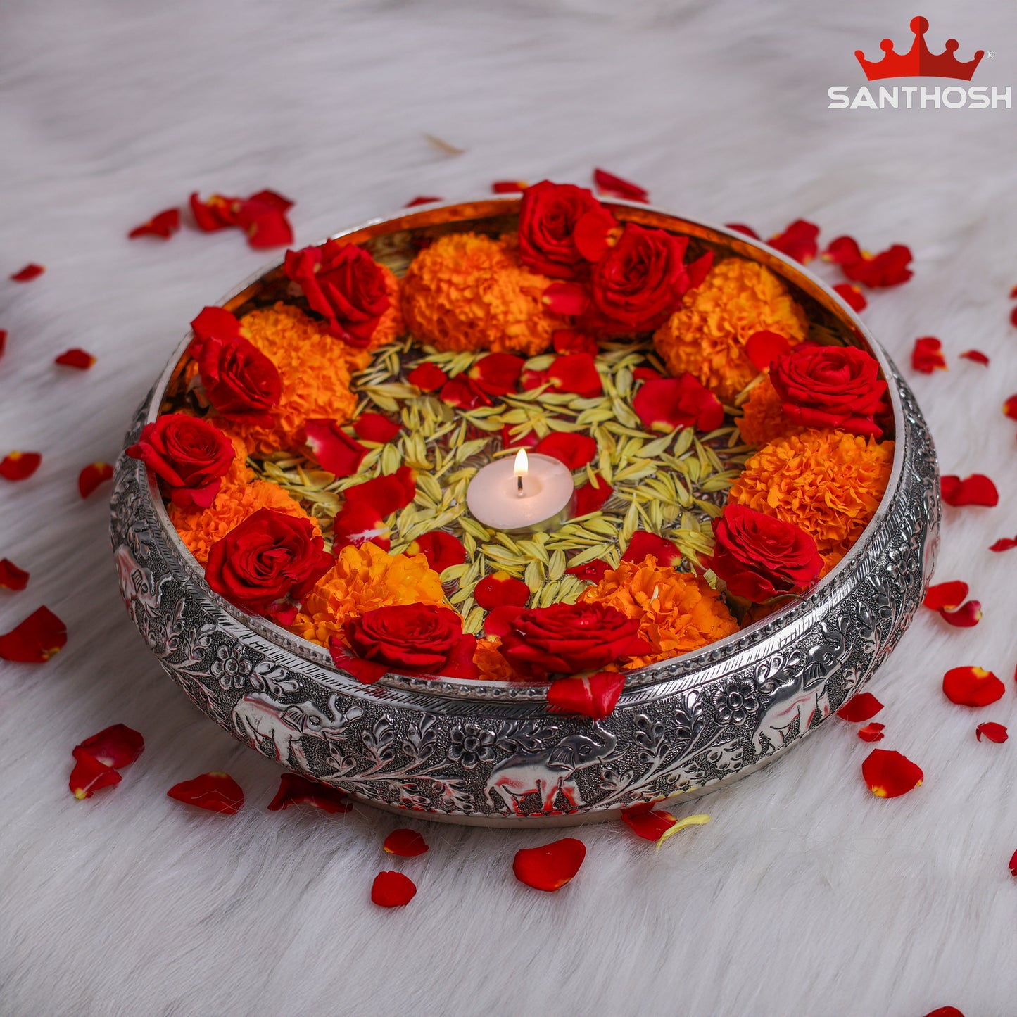 Sacred Needs Copper Embossed Leg Urli – 3.2 Inch (8.1 cm) Height | Decorative Copper Urli Bowl with Legs for Floating Flowers, Candles & Home Décor