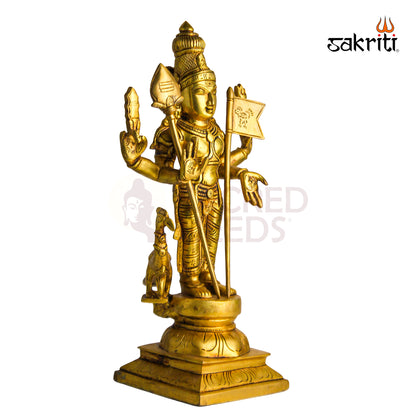 Brass Murugan with Vel & Flag – 15.5 Inch | Lord Murugan Idol for Home Temple & Gifts