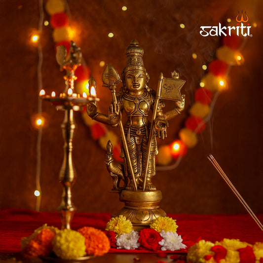 Brass Murugan with Vel & Flag – 15.5 Inch | Lord Murugan Idol for Home Temple & Gifts