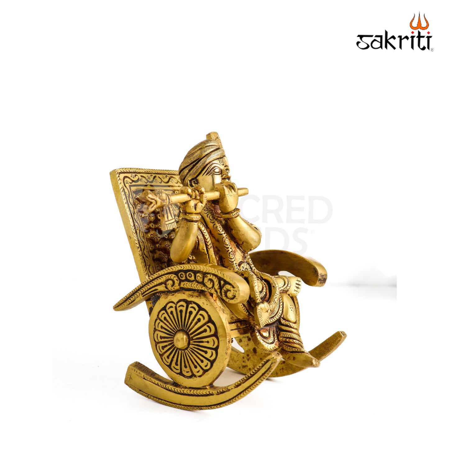 Sacred Needs Brass Chair Krishna Idol – 5.2 Inch (13.2 cm) Height | Lord Krishna Sitting on Chair Statue for Pooja Room, Temple & Home Décor