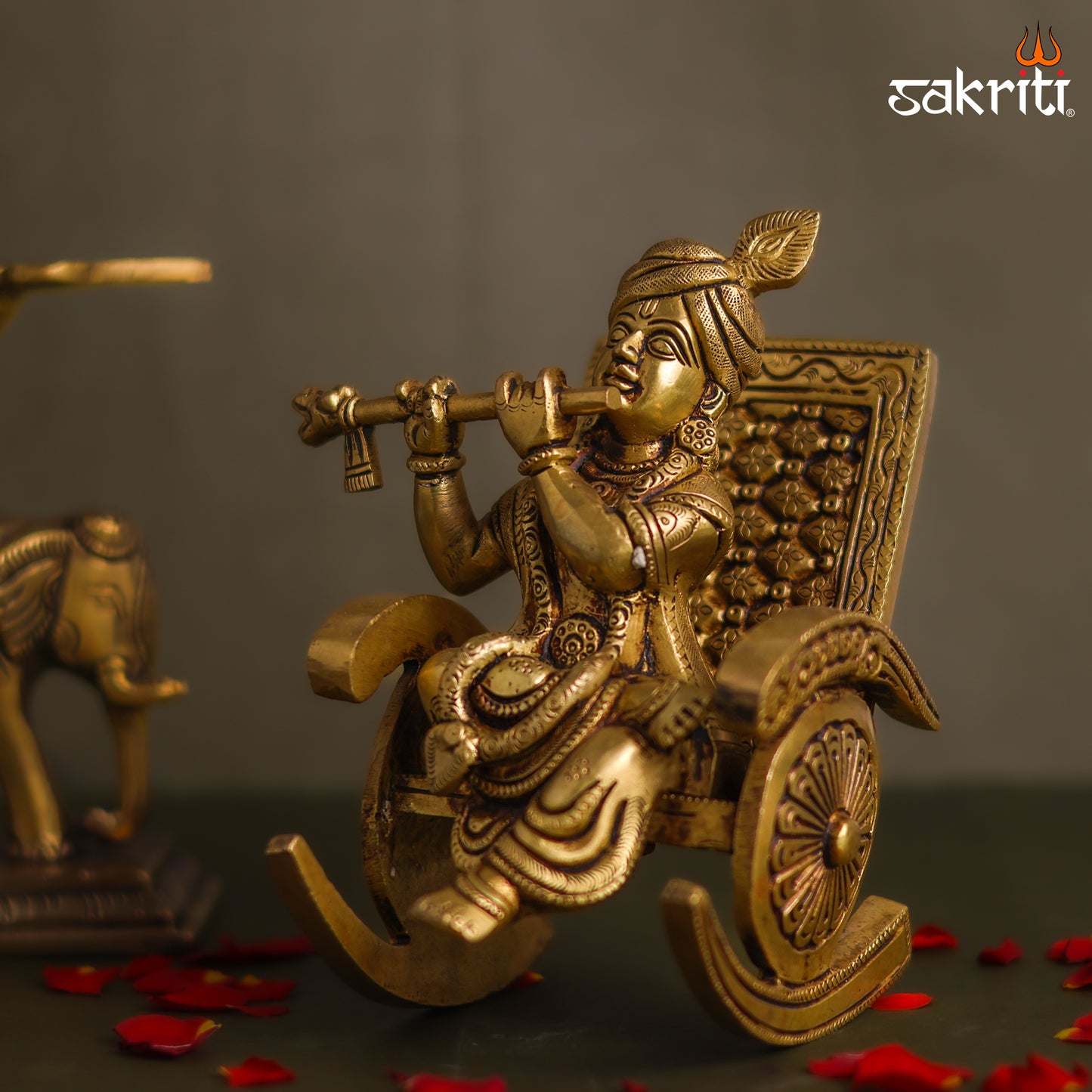 Sacred Needs Brass Chair Krishna Idol – 5.2 Inch (13.2 cm) Height | Lord Krishna Sitting on Chair Statue for Pooja Room, Temple & Home Décor