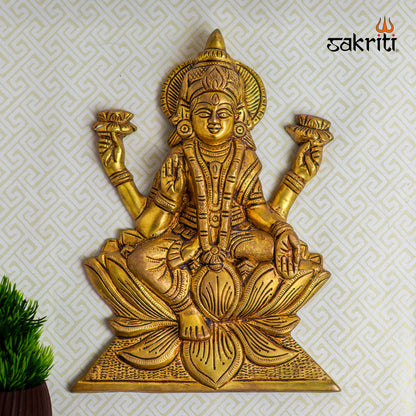 Brass Lotus Lakshmi Wall Mount – 10 Inch Yellow Antique Finish Goddess Lakshmi Wall Hanging for Pooja Room, Home Decor & Vastu