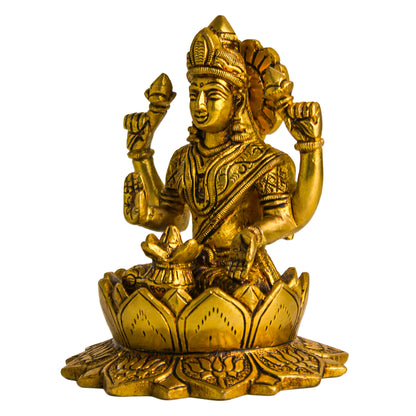 Brass Lotus Lakshmi – 5.7 Inch | Goddess Lakshmi Idol Sitting on Lotus for Pooja Room