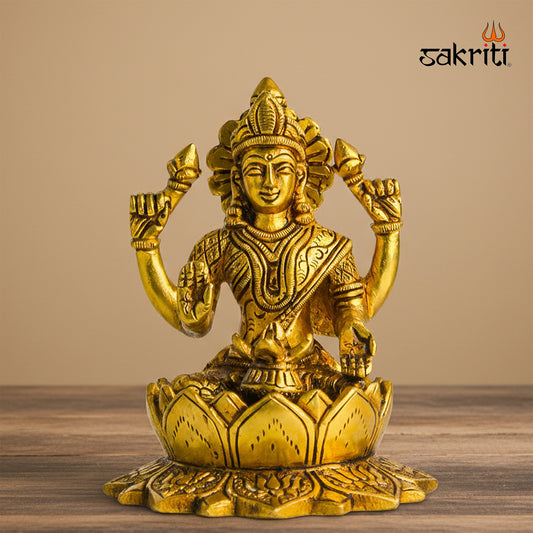 Brass Lotus Lakshmi – 5.7 Inch | Goddess Lakshmi Idol Sitting on Lotus for Pooja Room