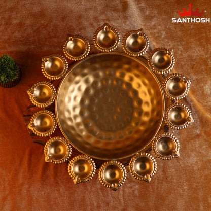 Sacred Needs Iron 14 Vilakku Urli – 4 Inch (10.2 cm) Height | Decorative Iron Urli with 14 Diya Holders for Floating Flowers, Lamps & Festive Home Décor