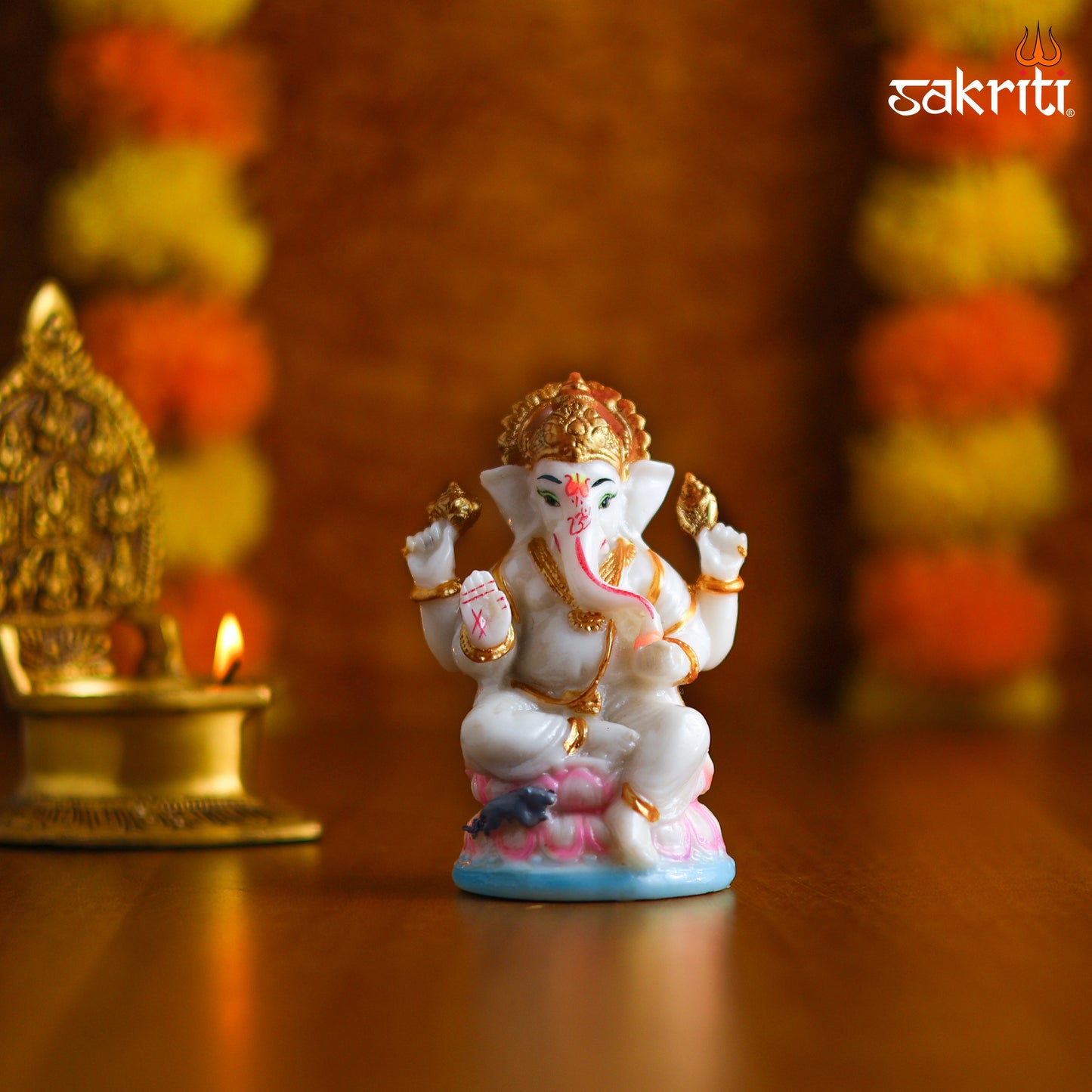 Sacred Needs Marble Dust Lotus Ganesha Idol – 4.3 Inch (10.9 cm) Height | Lord Ganesh Statue for Pooja Room, Temple & Home Décor