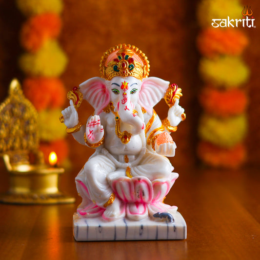 Sacred Needs Marble Dust Lotus Ganesha Idol – 6.7 Inch (17 cm) Height | Lord Ganesha Sitting on Lotus Statue for Pooja Room, Temple & Home Décor