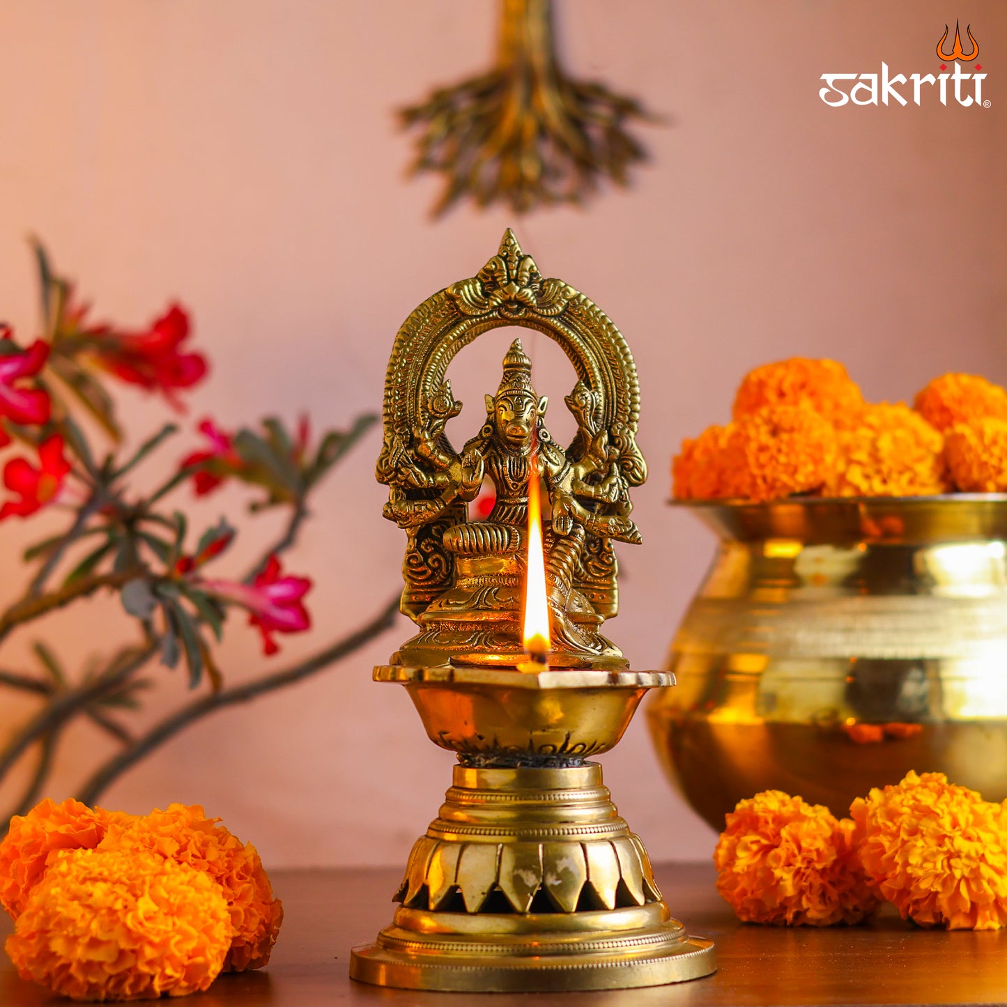 Sacred Needs Brass Varahi Vilakku with Arch – 9.5 Inch (24.1 cm) Height | Goddess Varahi Brass Lamp for Pooja Room, Temple Rituals & Shakti Worship
