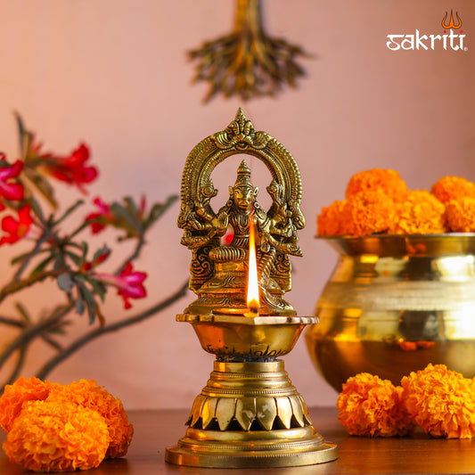 Sacred Needs Brass Varahi Vilakku with Arch – 9.5 Inch (24.1 cm) Height | Goddess Varahi Brass Lamp for Pooja Room, Temple Rituals & Shakti Worship