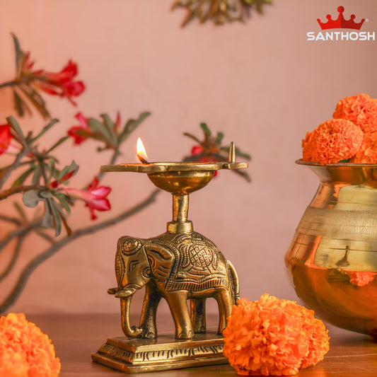 Sacred Needs Brass Elephant Vilakku – 7 Inch (17.8 cm) Height | Traditional Brass Elephant Oil Lamp for Pooja Room, Temple & Home Décor