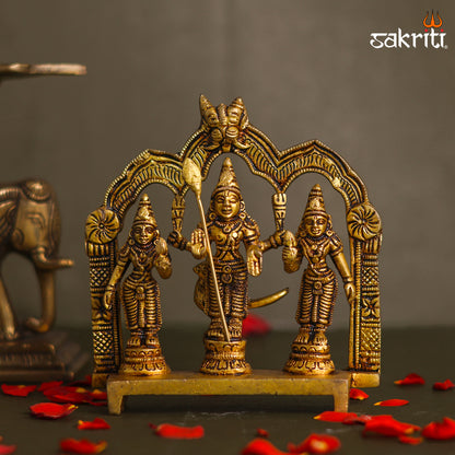 Sacred Needs Brass Murugan Set – 5 Inch (12.7 cm) Height | Lord Murugan with Valli & Deivanai Brass Idol Set for Temple, Pooja Room & Home Décor