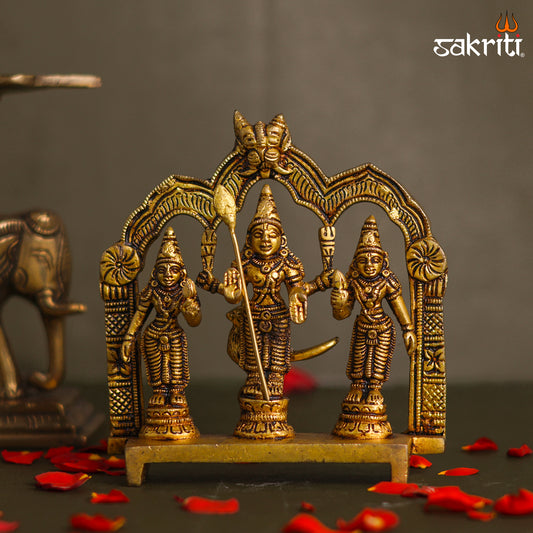 Sacred Needs Brass Murugan Set – 5 Inch (12.7 cm) Height | Lord Murugan with Valli & Deivanai Brass Idol Set for Temple, Pooja Room & Home Décor