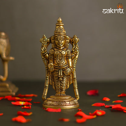 Sacred Needs Brass Balaji Idol – 4.2 Inch (10.7 cm) Height | Lord Venkateswara / Tirupati Balaji Brass Statue for Pooja Room, Temple & Home Décor