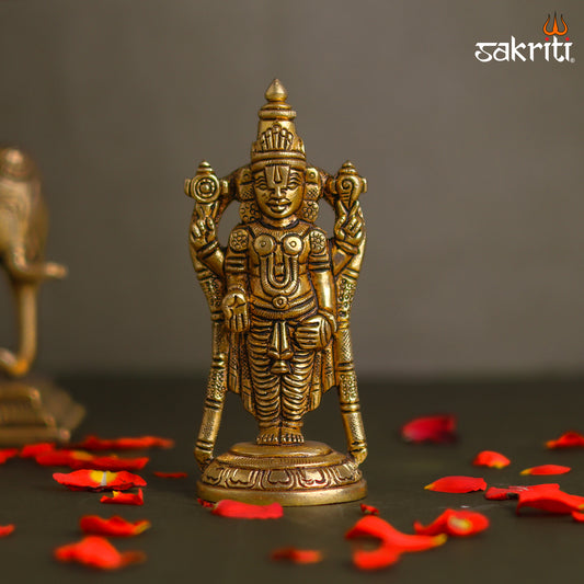 Sacred Needs Brass Balaji Idol – 4.2 Inch (10.7 cm) Height | Lord Venkateswara / Tirupati Balaji Brass Statue for Pooja Room, Temple & Home Décor