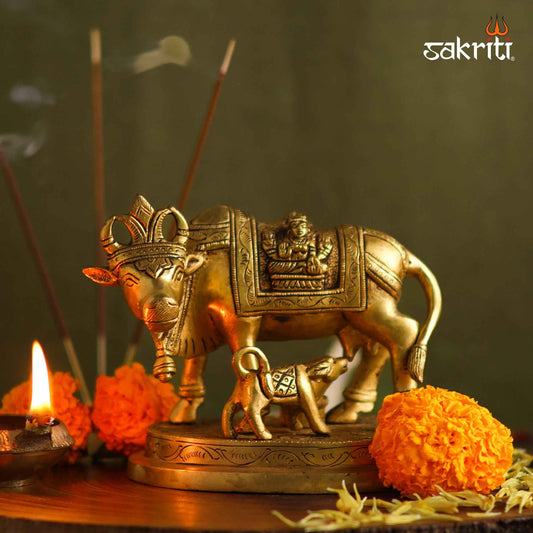 Sacred Needs Brass Cow & Calf Idol with Base – 5 Inch (12.7 cm) Height | Kamadhenu Cow Statue for Pooja Room, Temple & Spiritual Home Decor