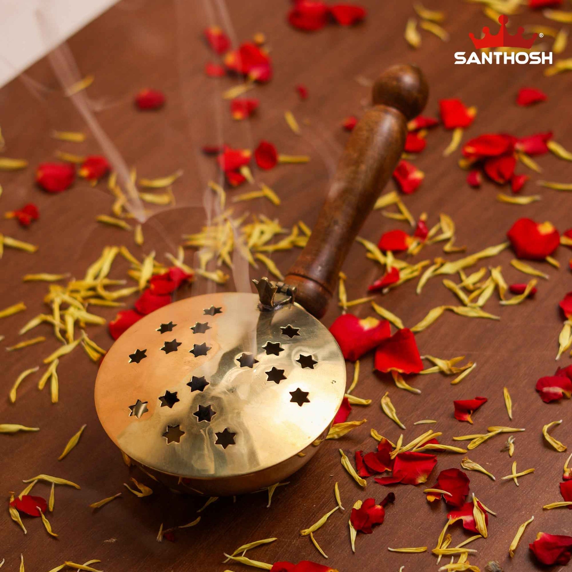 Sacred Needs Brass Dhoopkal with Wooden Handle – 2.3 Inch (5.8 cm) Height | Traditional Brass Incense Burner for Dhoop, Sambrani & Pooja Rituals