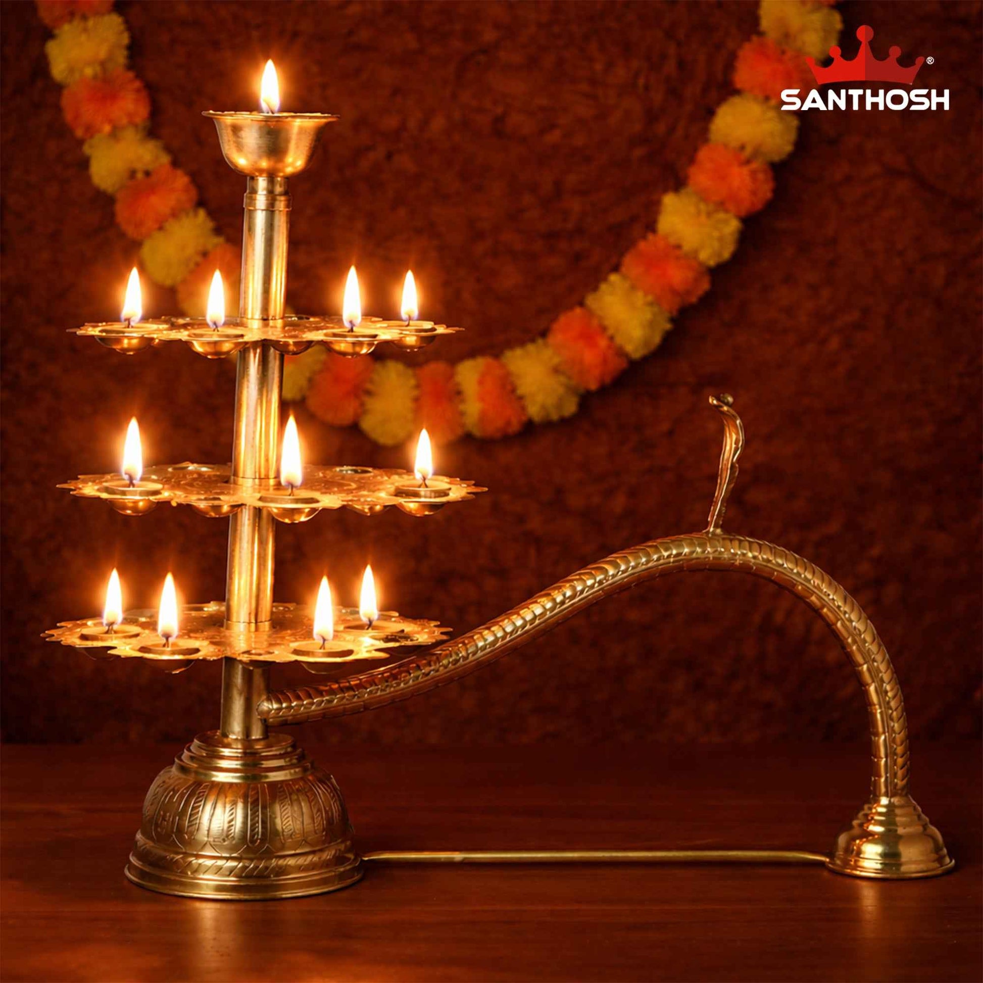 Sacred Needs Brass 21 Face 3 Step Aarti Lamp – 19 Inch (48.3 cm) Height | Traditional Multi-Wick Brass Aarti Deepam for Temple, Pooja & Ritual Ceremonies