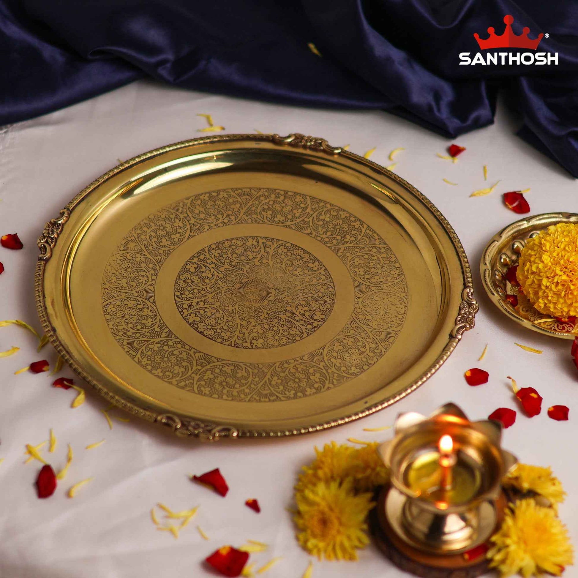 Sacred Needs Brass 4 Flower Etching Plate – 10.5 Inch (26.7 cm) Diameter | Traditional Brass Pooja Thali with Floral Engraving for Temple Rituals & Home Decor