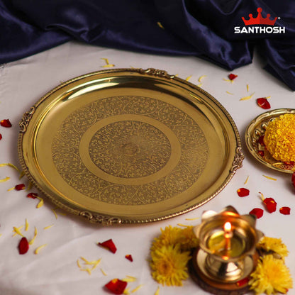 Sacred Needs Brass 4 Flower Etching Plate – 10.5 Inch (26.7 cm) Diameter | Traditional Brass Pooja Thali with Floral Engraving for Temple Rituals & Home Decor